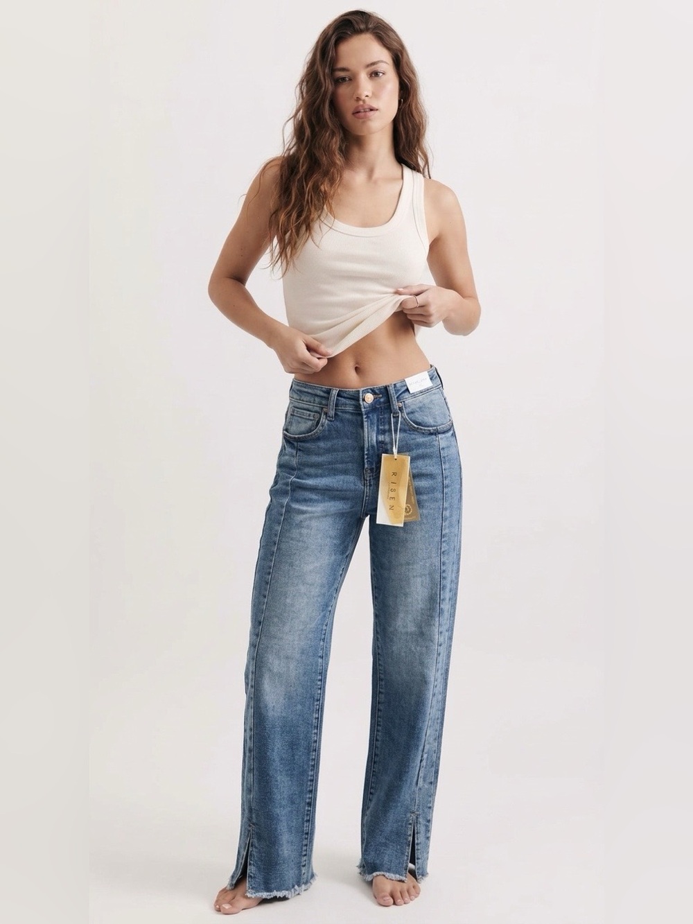 Risen Straight-Leg Blue Jeans with Front Seam and Raw Hem size 1/25